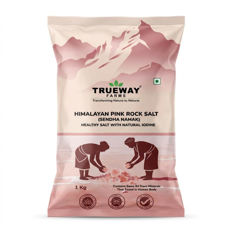Trueway Farms Himalayan Rock Pink Salt, 1kg Pouch, Premium Sendha Namak, With Natural Trace Minerals, Low Sodium, Crystal Salt