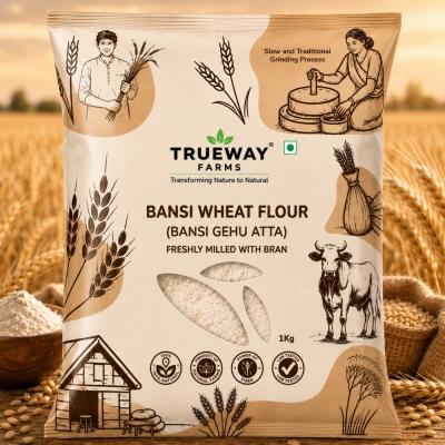 Trueway Organic Farm Bansi Wheat Flour 1 Kg | Bansi Gehu Atta | Freshly Milled With Bran | Traditional Grinding Process | Fibre Rich Wheat Flour