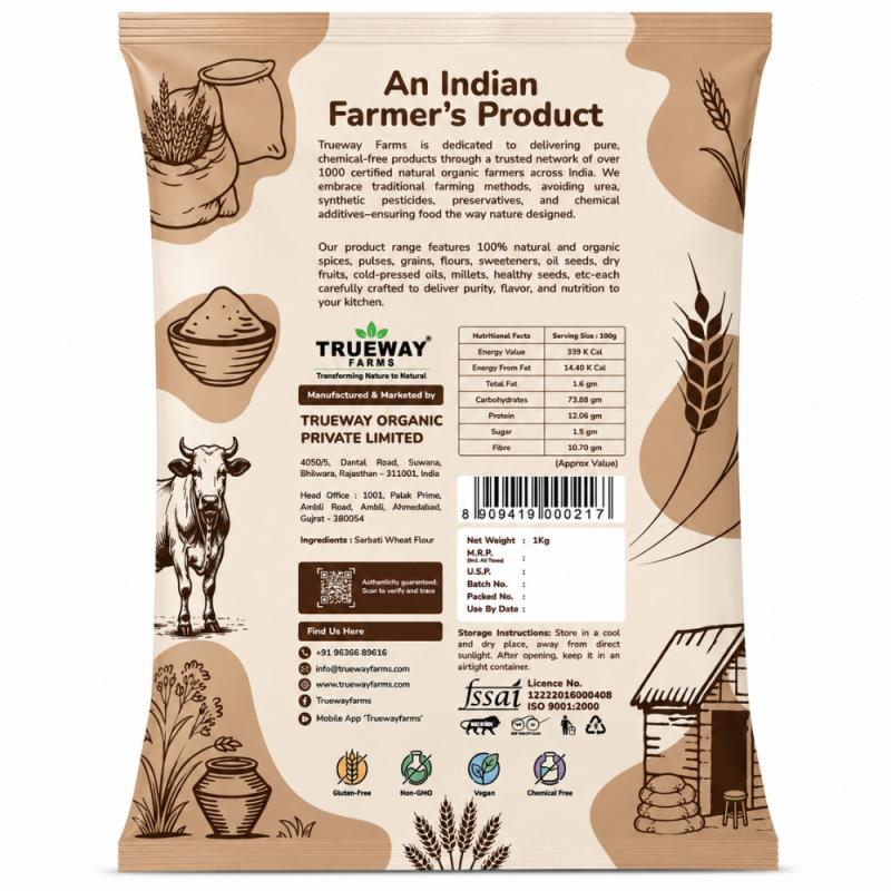 Trueway Farms Sarbati Wheat Flour (sarbati Gehu Atta) 1 Kg | Freshly Milled Wheat Flour With Bran | Traditional Grinding Process