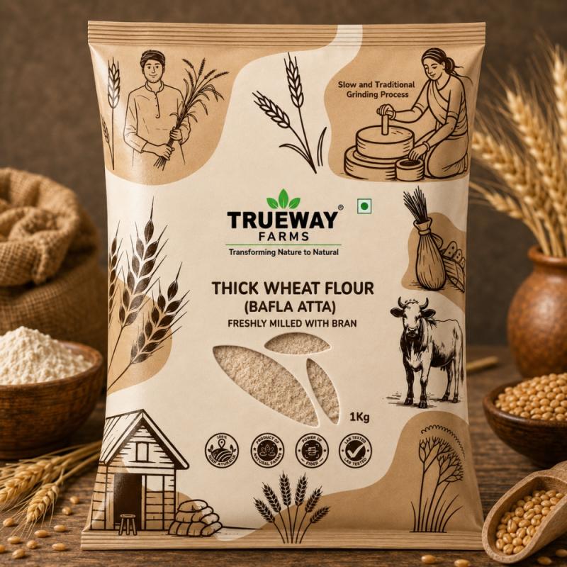 Trueway Farms Thick Wheat Flour (bafla Atta) 1 Kg | Freshly Milled With Bran | Traditional Grinding Process