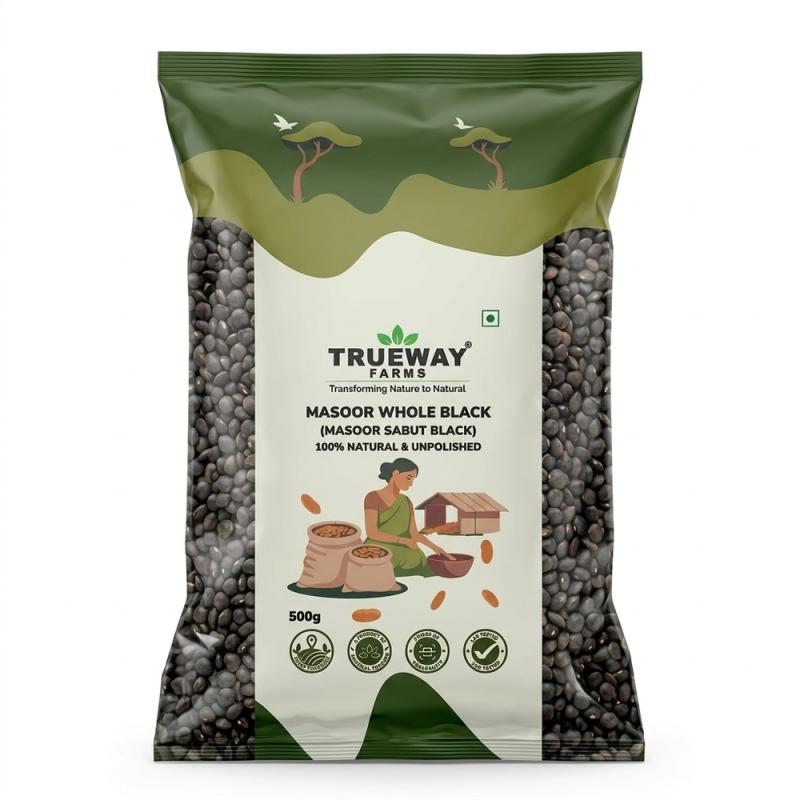 Trueway Farms Organic Unpolished Black Masoor Dal (whole) | 500 G | No Artificial Colours & Preservatives | Hygienically Packed