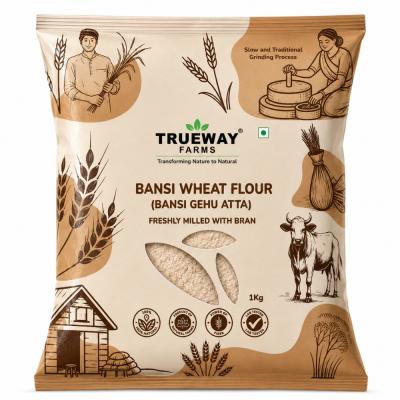 Trueway Organic Farm Bansi Wheat Flour 1 Kg | Bansi Gehu Atta | Freshly Milled With Bran | Traditional Grinding Process | Fibre Rich Wheat Flour