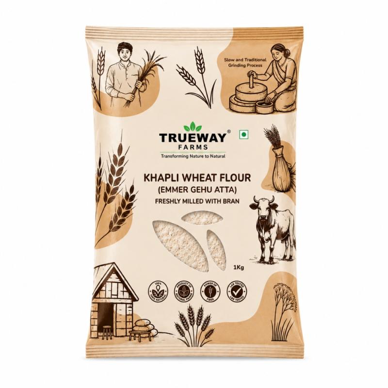 Trueway Farms Khapli Wheat Flour (emmer Gehu Atta) 1 Kg | Freshly Milled With Bran | Traditional Grinding Process | Premium Whole Wheat Flour