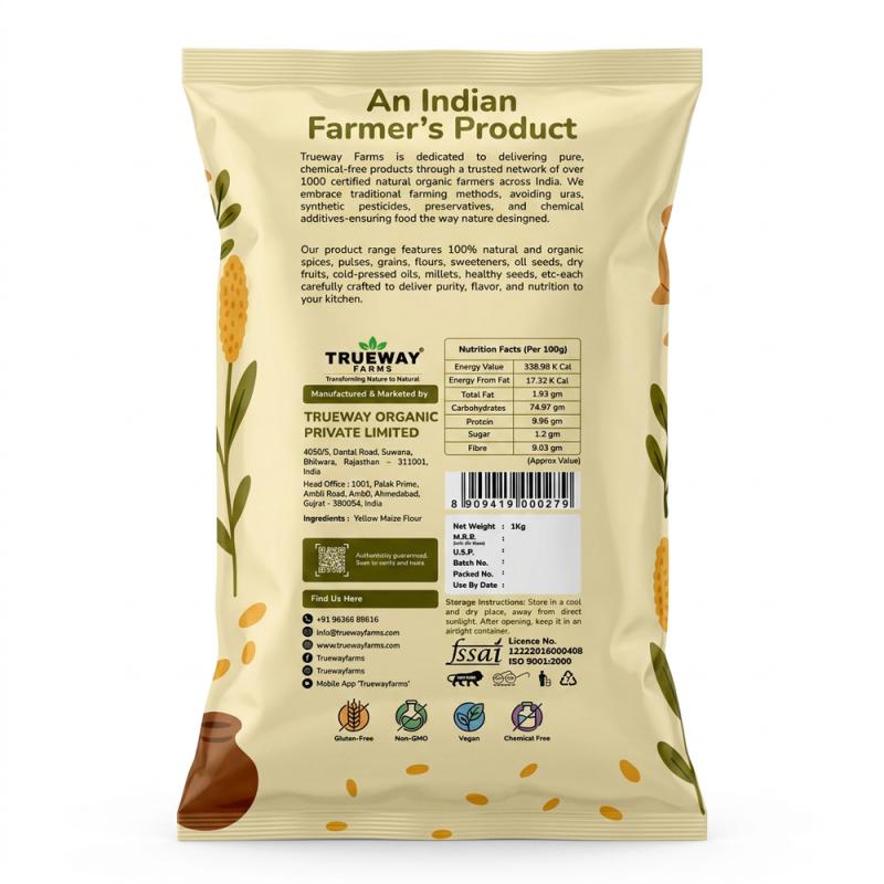 Trueway Farms Organic Organic Maize Flour (makka Atta) 1kg | Gluten-free Corn Flour Powder/atta | 100% Natural & Chemical-free For Healthy Cooking & Baking