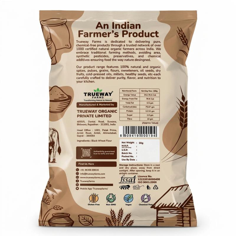 Trueway Farms Organic Black Wheat Flour (kala Gehu Atta) –5kg | Stone Grounded Flour | High Fiber, Low Gi, Low Gluten | Antioxidant Rich