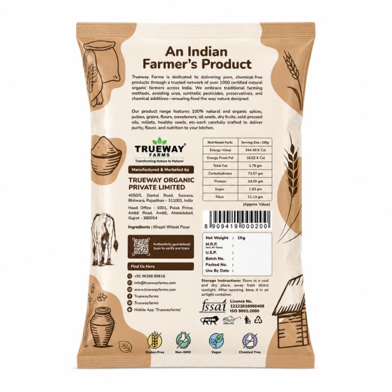 Trueway Farms Khapli Wheat Flour (emmer Gehu Atta) 1 Kg | Freshly Milled With Bran | Traditional Grinding Process | Premium Whole Wheat Flour