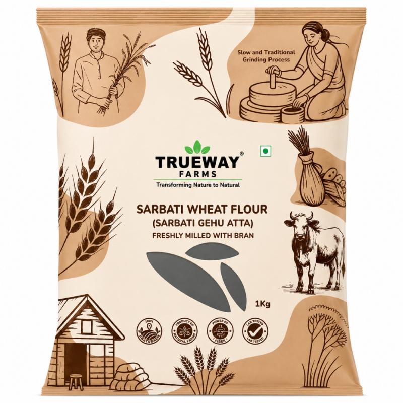 Trueway Farms Sarbati Wheat Flour (sarbati Gehu Atta) 1 Kg | Freshly Milled Wheat Flour With Bran | Traditional Grinding Process